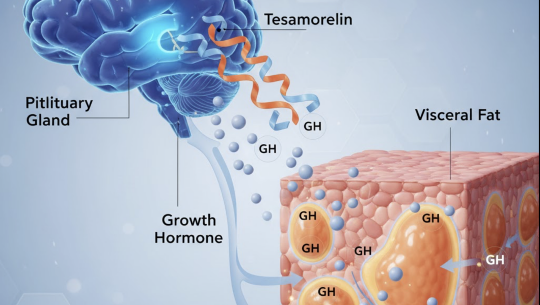 Tesamorelin mechanism of action: GHRH analog stimulating pituitary growth hormone release and IGF-1 production